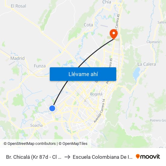 Br. Chicalá (Kr 87d - Cl 54c Sur) to Escuela Colombiana De Ingenieria map