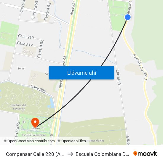 Compensar Calle 220 (Ak 7 - Cl 220) to Escuela Colombiana De Ingenieria map