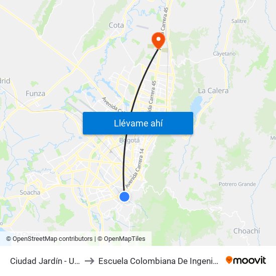 Ciudad Jardín - Uan to Escuela Colombiana De Ingenieria map