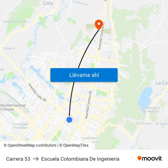 Carrera 53 to Escuela Colombiana De Ingenieria map