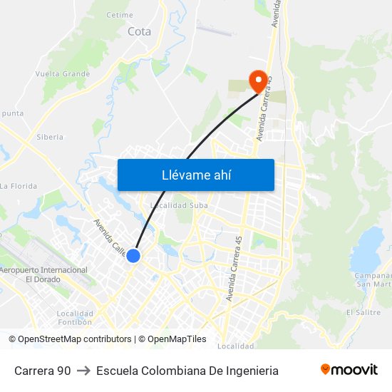 Carrera 90 to Escuela Colombiana De Ingenieria map