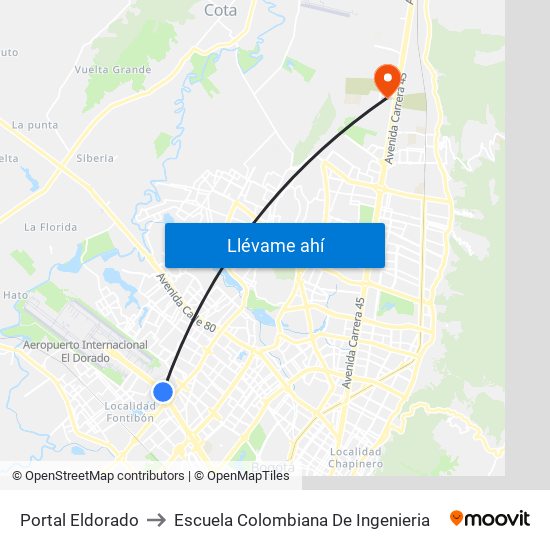 Portal Eldorado to Escuela Colombiana De Ingenieria map