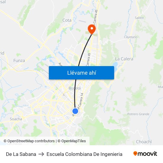 De La Sabana to Escuela Colombiana De Ingenieria map