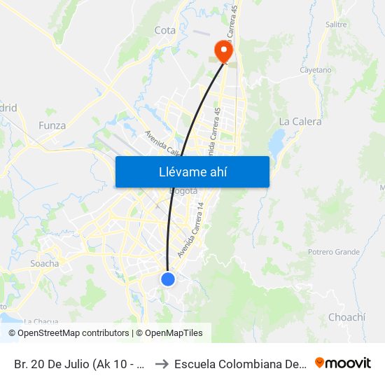 Br. 20 De Julio (Ak 10 - Cl 27a Sur) to Escuela Colombiana De Ingenieria map