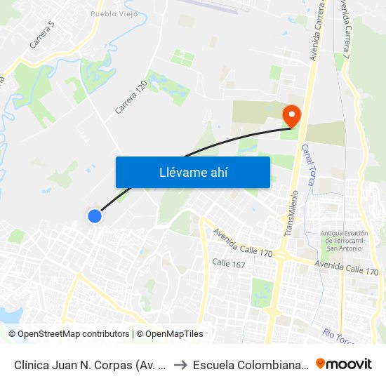 Clínica Juan N. Corpas (Av. Corpas - Cl 159a) to Escuela Colombiana De Ingenieria map