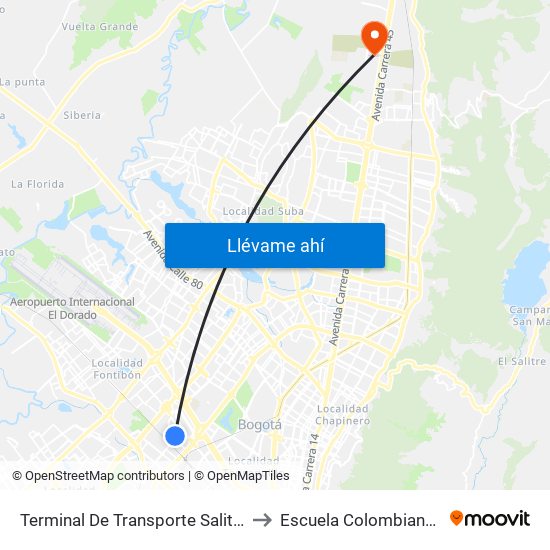 Terminal De Transporte Salitre (Kr 68d - Cl 22c) to Escuela Colombiana De Ingenieria map