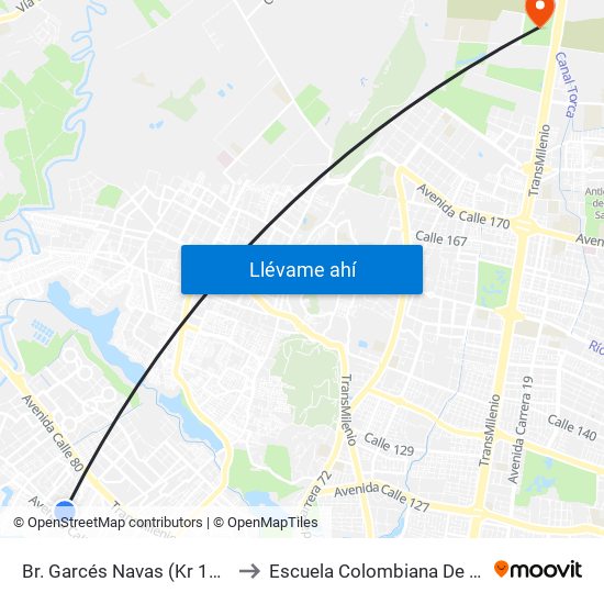 Br. Garcés Navas (Kr 104 - Cl 73) to Escuela Colombiana De Ingenieria map