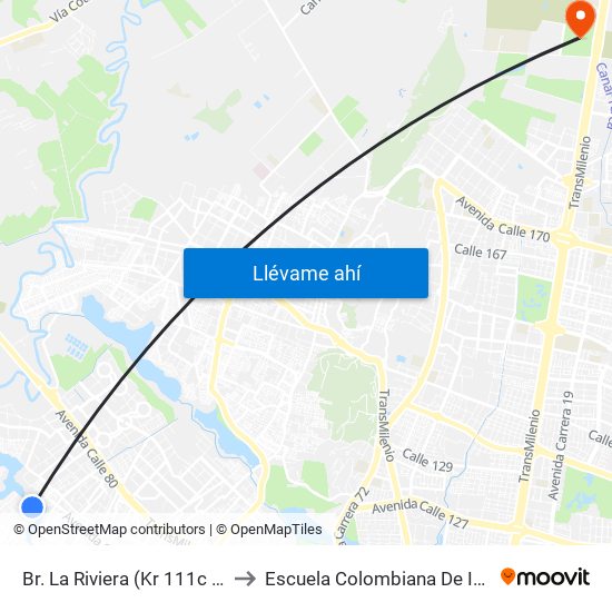 Br. La Riviera (Kr 111c - Cl 70f) to Escuela Colombiana De Ingenieria map