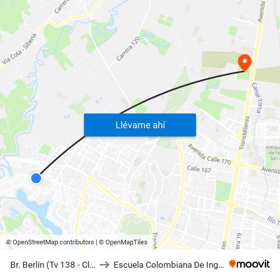 Br. Berlín (Tv 138 - Cl 137) to Escuela Colombiana De Ingenieria map