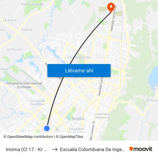 Invima (Cl 17 - Kr 68d) to Escuela Colombiana De Ingenieria map