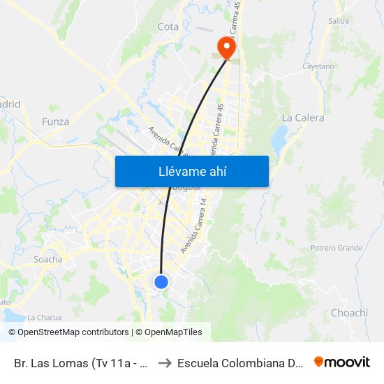 Br. Las Lomas (Tv 11a - Dg 38g Sur) to Escuela Colombiana De Ingenieria map
