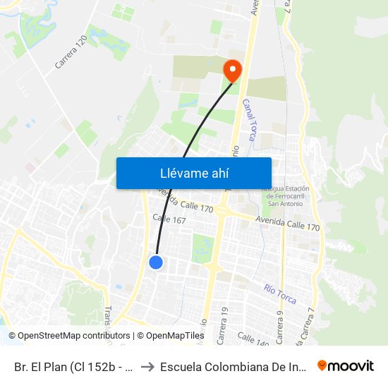 Br. El Plan (Cl 152b - Kr 58) to Escuela Colombiana De Ingenieria map