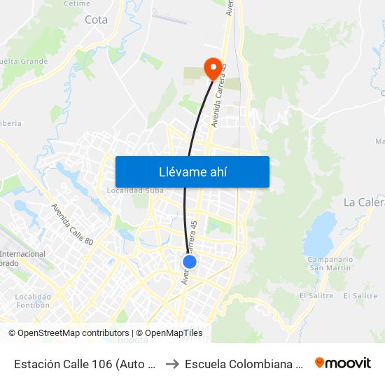 Estación Calle 106 (Auto Norte - Cl 105) to Escuela Colombiana De Ingenieria map