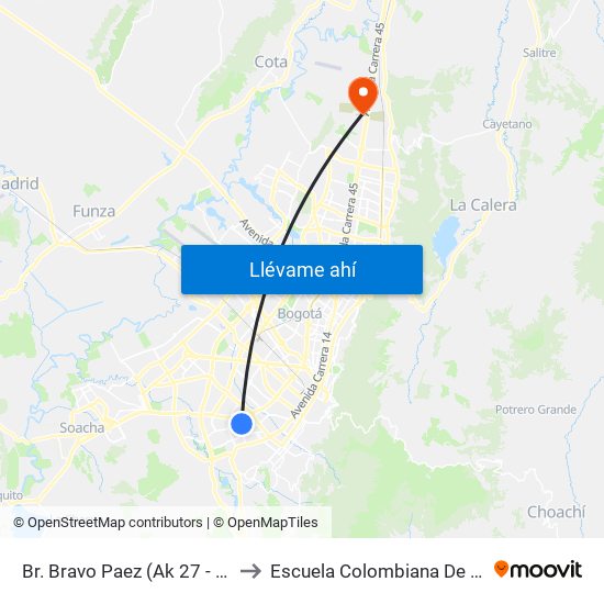 Br. Bravo Paez (Ak 27 - Cl 35 Sur) to Escuela Colombiana De Ingenieria map