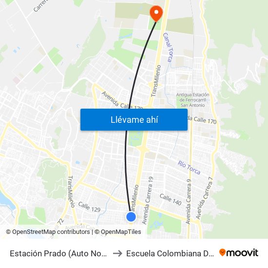 Estación Prado (Auto Norte - Cl 128a) to Escuela Colombiana De Ingenieria map