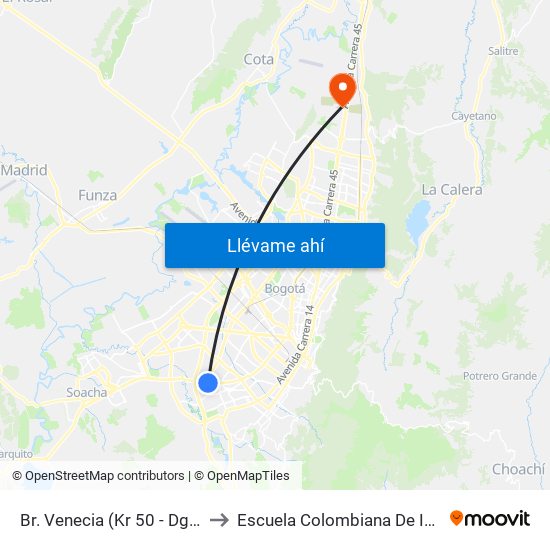 Br. Venecia (Kr 50 - Dg 45 Sur) to Escuela Colombiana De Ingenieria map