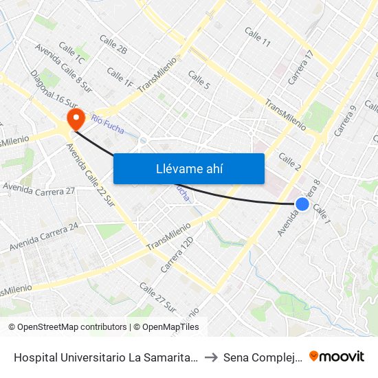 Hospital Universitario La Samaritana (Kr 8 - Cl 0 Sur) to Sena Complejo Del Sur map