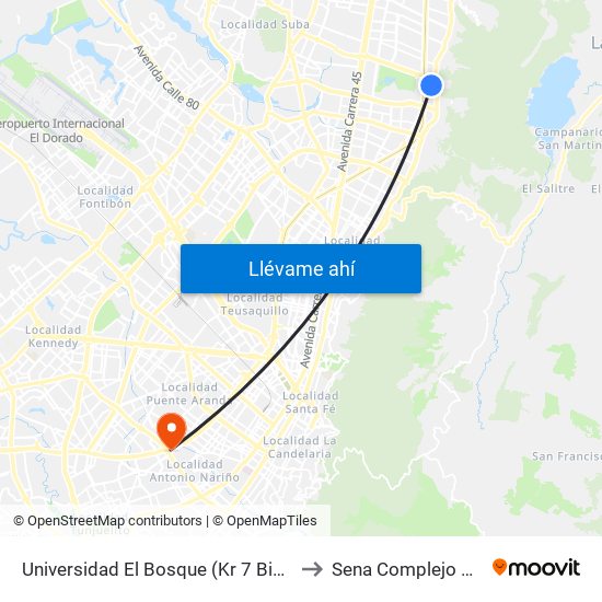 Universidad El Bosque (Kr 7 Bis - Cl 131) to Sena Complejo Del Sur map