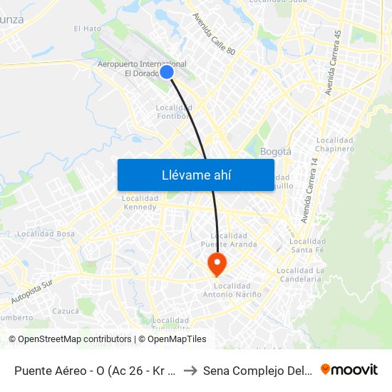 Puente Aéreo - O (Ac 26 - Kr 106) to Sena Complejo Del Sur map