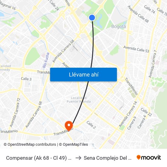 Compensar (Ak 68 - Cl 49) (D) to Sena Complejo Del Sur map