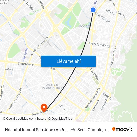 Hospital Infantil San José (Ac 68 - Kr 52) (B) to Sena Complejo Del Sur map