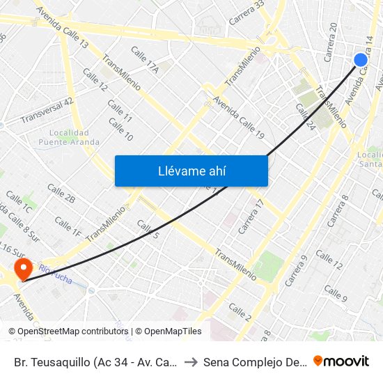 Br. Teusaquillo (Ac 34 - Av. Caracas) to Sena Complejo Del Sur map