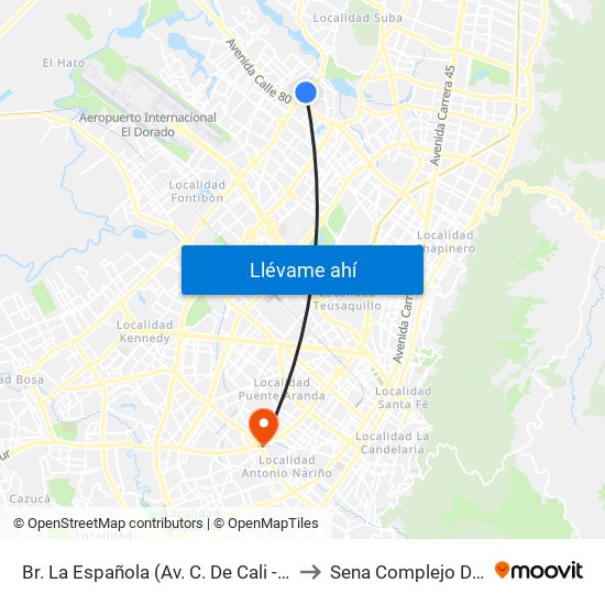 Br. La Española (Av. C. De Cali - Dg 84a) to Sena Complejo Del Sur map