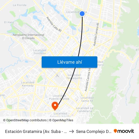 Estación Gratamira (Av. Suba - Cl 132a) to Sena Complejo Del Sur map