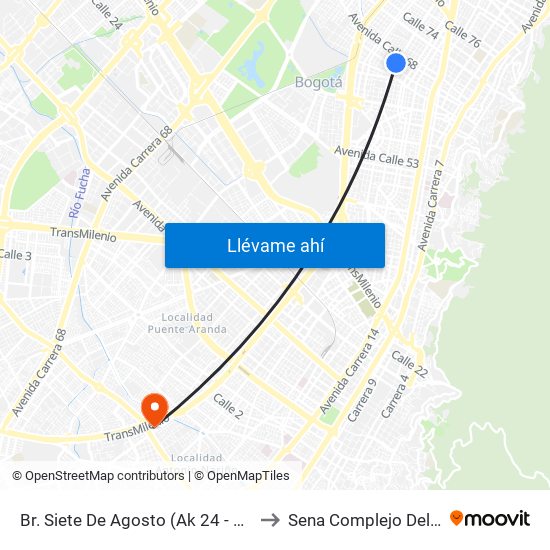 Br. Siete De Agosto (Ak 24 - Cl 66) to Sena Complejo Del Sur map