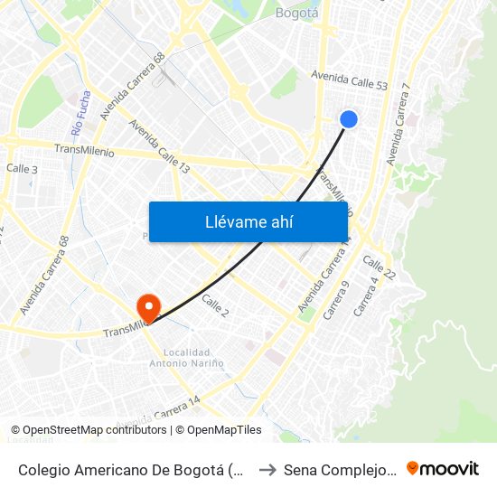 Colegio Americano De Bogotá (Kr 22 - Cl 45a) to Sena Complejo Del Sur map