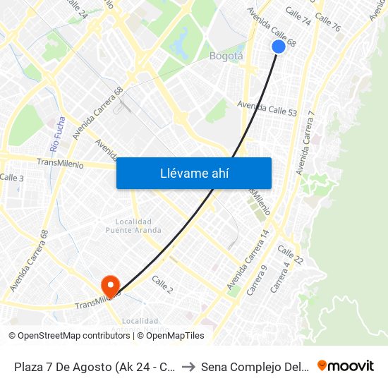 Plaza 7 De Agosto (Ak 24 - Cl 66) to Sena Complejo Del Sur map