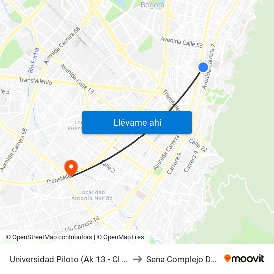 Universidad Piloto (Ak 13 - Cl 46) (A) to Sena Complejo Del Sur map