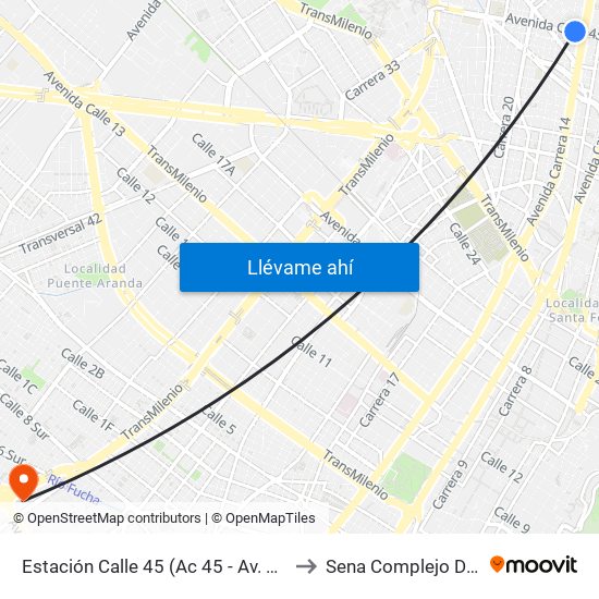 Estación Calle 45 (Ac 45 - Av. Caracas) to Sena Complejo Del Sur map
