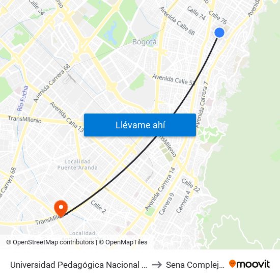 Universidad Pedagógica Nacional (Ak 11 - Ac 72) (A) to Sena Complejo Del Sur map