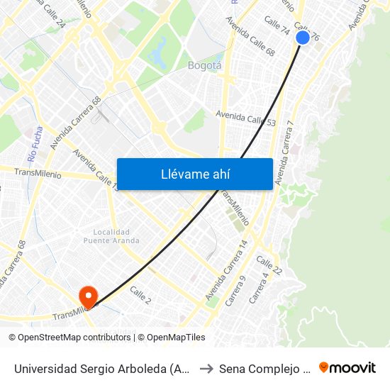 Universidad Sergio Arboleda (Ak 15 - Cl 75) to Sena Complejo Del Sur map