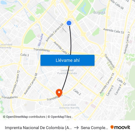 Imprenta Nacional De Colombia (Av. Esperanza - Kr 65) to Sena Complejo Del Sur map