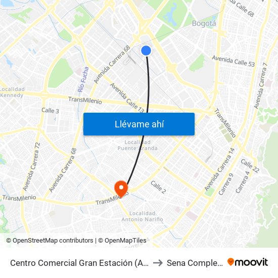 Centro Comercial Gran Estación (Av. Esperanza - Ak 60) to Sena Complejo Del Sur map