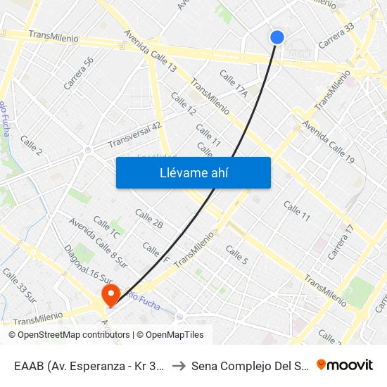 EAAB (Av. Esperanza - Kr 37) to Sena Complejo Del Sur map