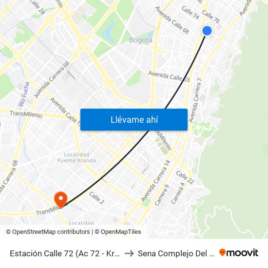 Estación Calle 72 (Ac 72 - Kr 13) to Sena Complejo Del Sur map