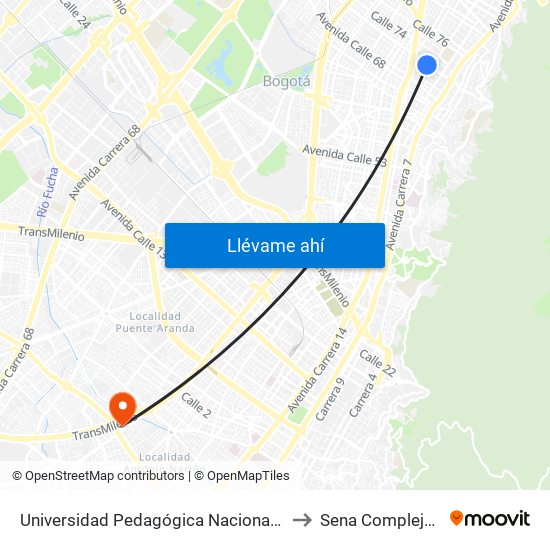 Universidad Pedagógica Nacional (Ac 72 - Ak 11) to Sena Complejo Del Sur map