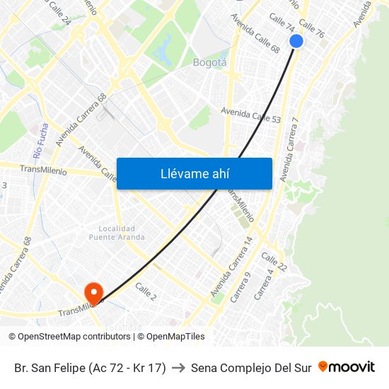 Br. San Felipe (Ac 72 - Kr 17) to Sena Complejo Del Sur map