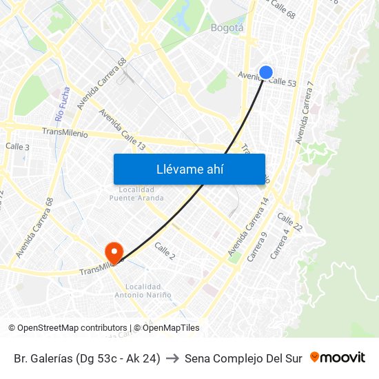 Br. Galerías (Dg 53c - Ak 24) to Sena Complejo Del Sur map