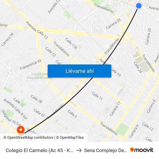 Colegio El Carmelo (Ac 45 - Kr 25a) to Sena Complejo Del Sur map