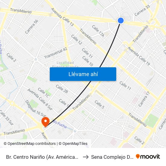 Br. Centro Nariño (Av. Américas - Ak 36) to Sena Complejo Del Sur map