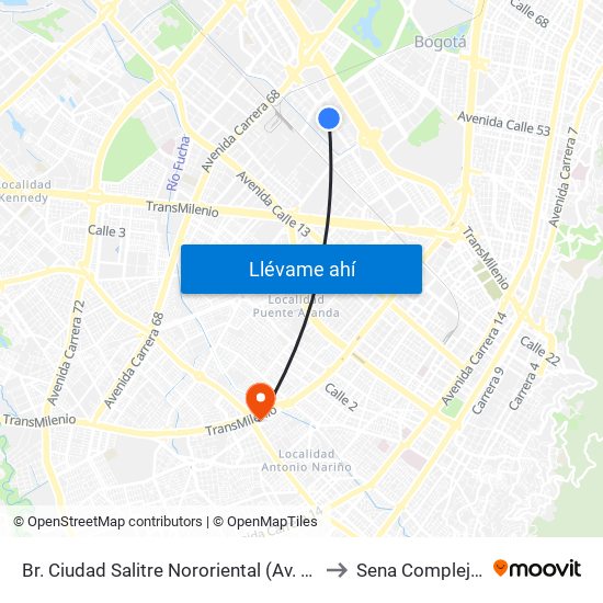 Br. Ciudad Salitre Nororiental (Av. Esperanza - Kr 57) to Sena Complejo Del Sur map