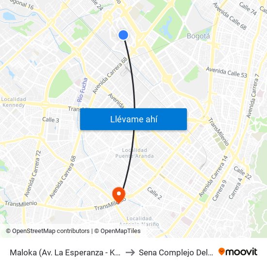 Maloka (Av. La Esperanza - Kr 69) to Sena Complejo Del Sur map