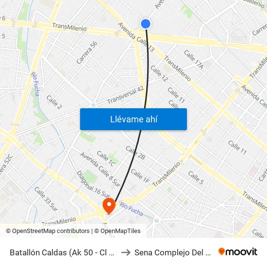 Batallón Caldas (Ak 50 - Cl 15) to Sena Complejo Del Sur map