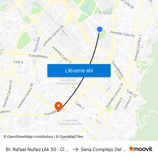 Br. Rafael Nuñez (Ak 50 - Cl 44f) to Sena Complejo Del Sur map