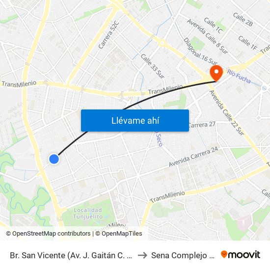 Br. San Vicente (Av. J. Gaitán C. - Cl 54 Sur) to Sena Complejo Del Sur map