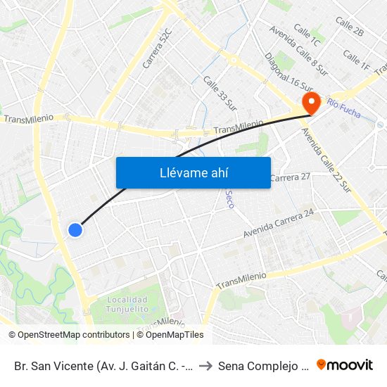 Br. San Vicente (Av. J. Gaitán C. - Cl 53b Sur) to Sena Complejo Del Sur map